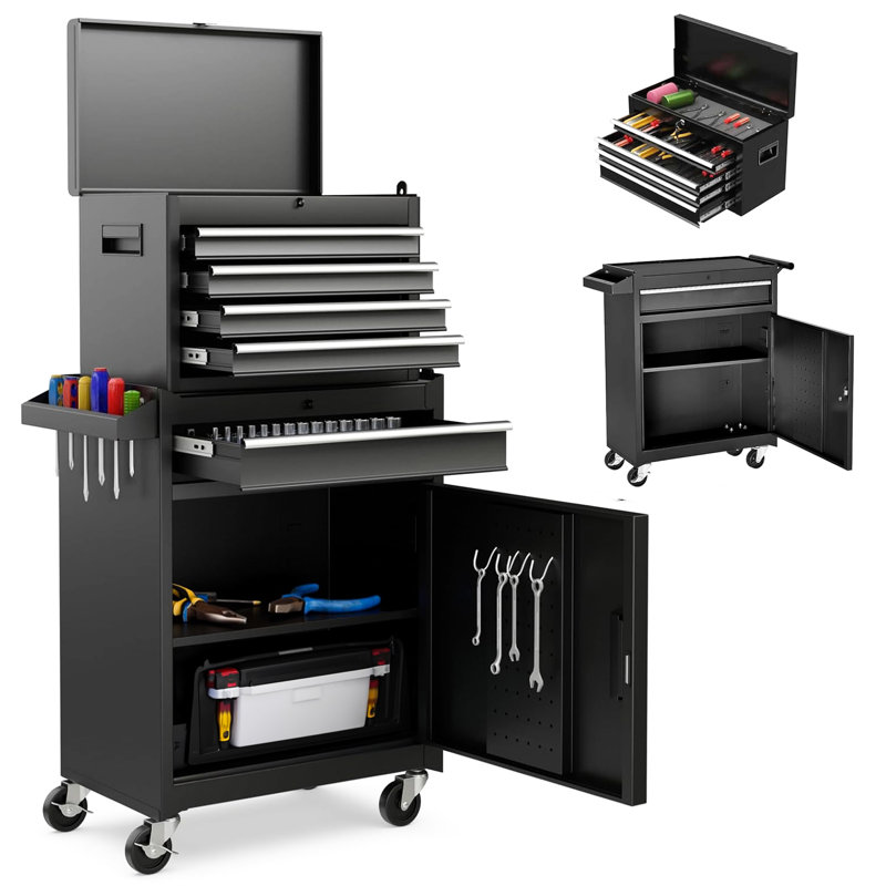 Coffre à 5 outils avec coffre supérieur amovible, roues universelles et outils de 154 pièces - acier, rouille, coffre-fort pratique pour coffre de garage, 5 tiroirs, tablette réglable, outils, revêtement antirouille, utilisation