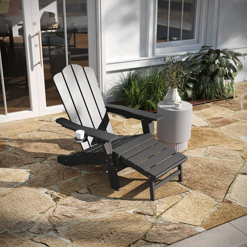 Collis All-Weather HDPE Indoor/Outdoor Adirondack Chair with Cup Holder and Pull Out Ottoman, Gray