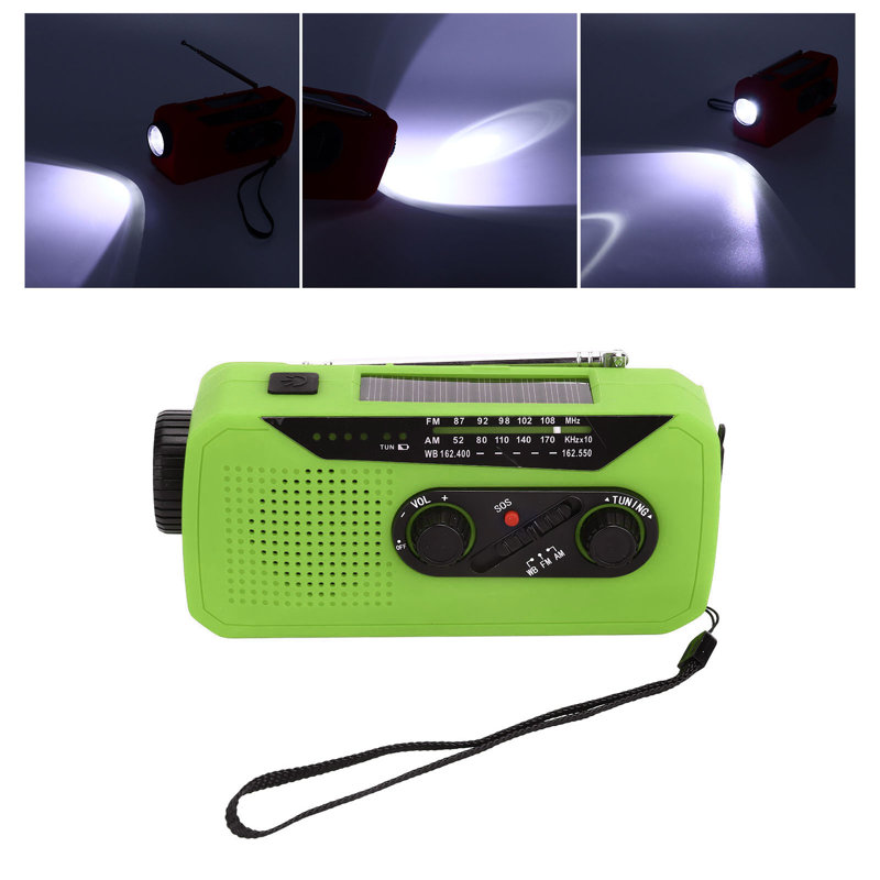 Radio portable d'urgence solaire avec lampe de poche DEL et batterie de 2000 mAh, idéale pour le camping et la randonnée (modèle vert américain).