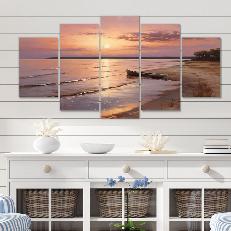 «Ocean Serenity Gentle Pink Beach Sunrise» - décoration murale plage - 5 panneaux
