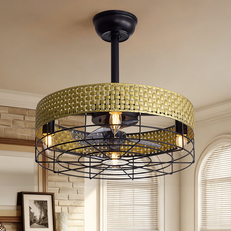 Ventilateur de plafond noir à cage de 50 cm avec éclairage, accents dorés tissés et télécommande