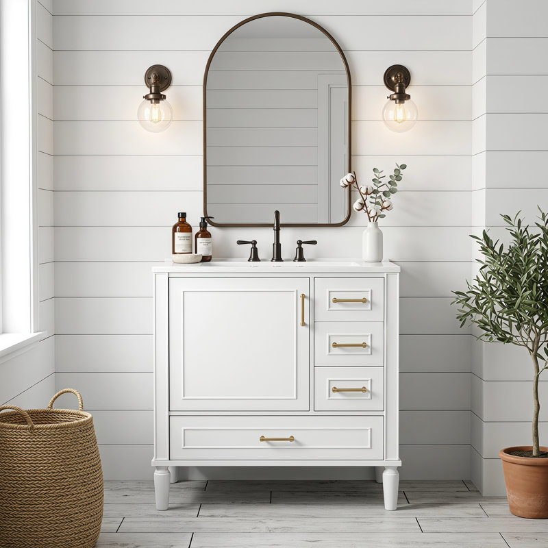 Meuble-lavabo de 30 po avec lavabo en céramique, porte à fermeture en douceur avec tablette intégrée, tiroir profond, tiroir standard, grand tiroir diviseur, grande armoire de rangement pour la salle de bain, design moderne et fonctionnel
