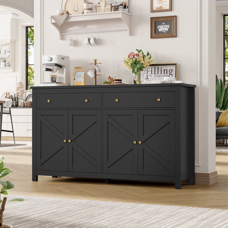 Console 55 po avec rangement - Armoire d'entrée avec tiroirs et tablettes réglables pour le couloir et le salon, Noir