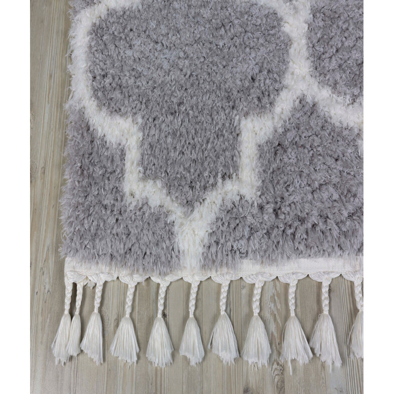 Tapis rectangulaire gris / blanc en polyester tissé à la machine, Rectangle 6 pi 7 po x 9 pi 6 po