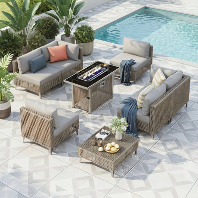 Ensemble de 8 meubles de conversation pour patio, table de foyer rectangulaire au propane de 43 po 60000 BTU, coussins d'extérieur épais et résistants à l'eau
