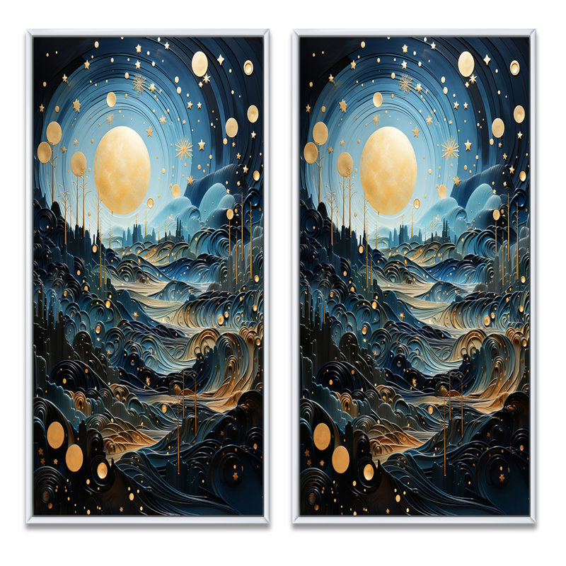 «Gold Blue Uranus Moonlight Mirage», 2 pièces, H 32 po x l 32 po, Cadre blanc