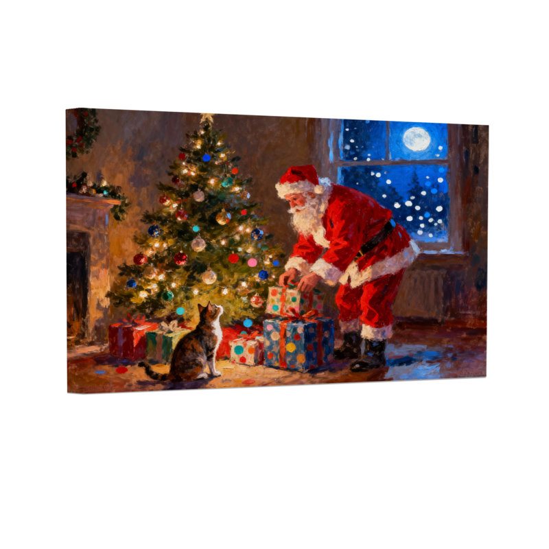 Père Noël et chat avec arbre de Noël, H 16 po x l 24 po