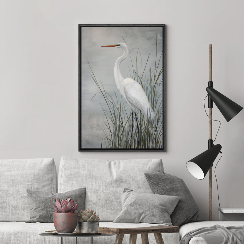 «White Egret in Tall Reeds» par Water, reproduction d'art sur toile encadrée dans la chambre principale, Noir