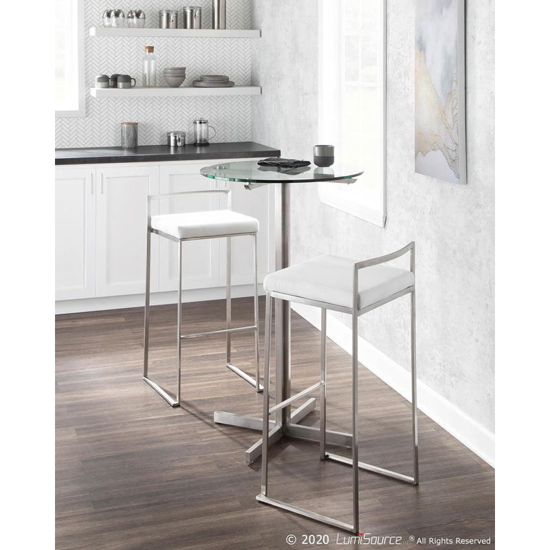 Upholstered Counter Stool with Metal Frame, Chrome, White