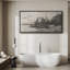 «Rustic Countryside Serene Lakeside Gravure, paysage nautique monochrome encadré»-98042126-111176909