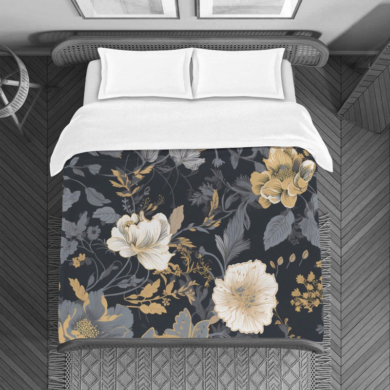 Floral Gold/Gray Microfiber Duvet Cover, Queen Duvet Cover