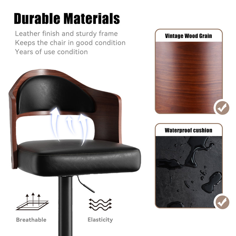 Modern Black Microsuede Upholstered Metal Frame Swivel and Height Adjustable Bar Stools Set of 2, Black