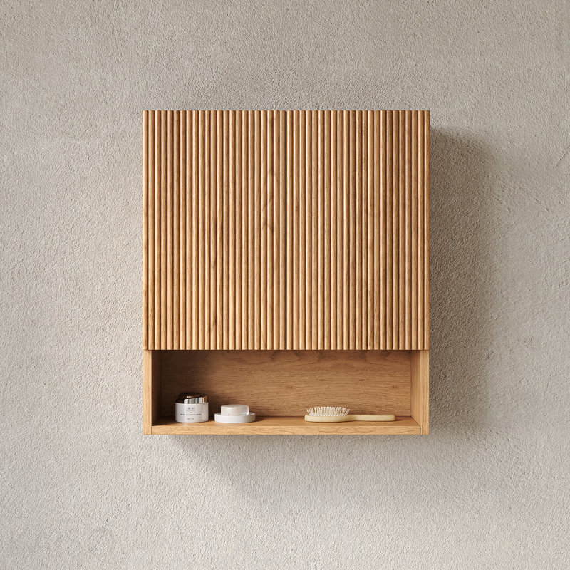 Armoire de salle de bain murale rayée de 26 po avec portes, tablette et compartiment de rangement ouvert au-dessus de la toilette pour salle de bain, cuisine, salle de lavage, couleur grain de bois naturel