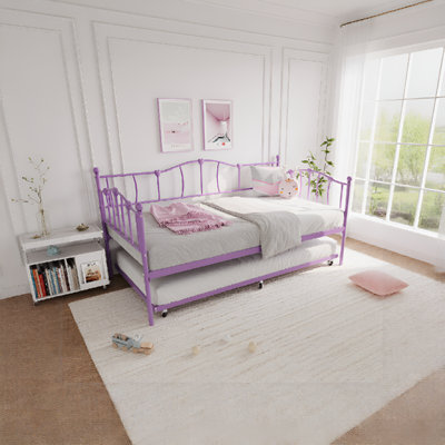 Twin Size Metal Daybed Frame with Trundle, Heart Design Noise Free Platform Sofa Bed with Heavy Duty Steel Slats Support for Bedroom Living Room, Easy Assembly & Space-Saving, Purple