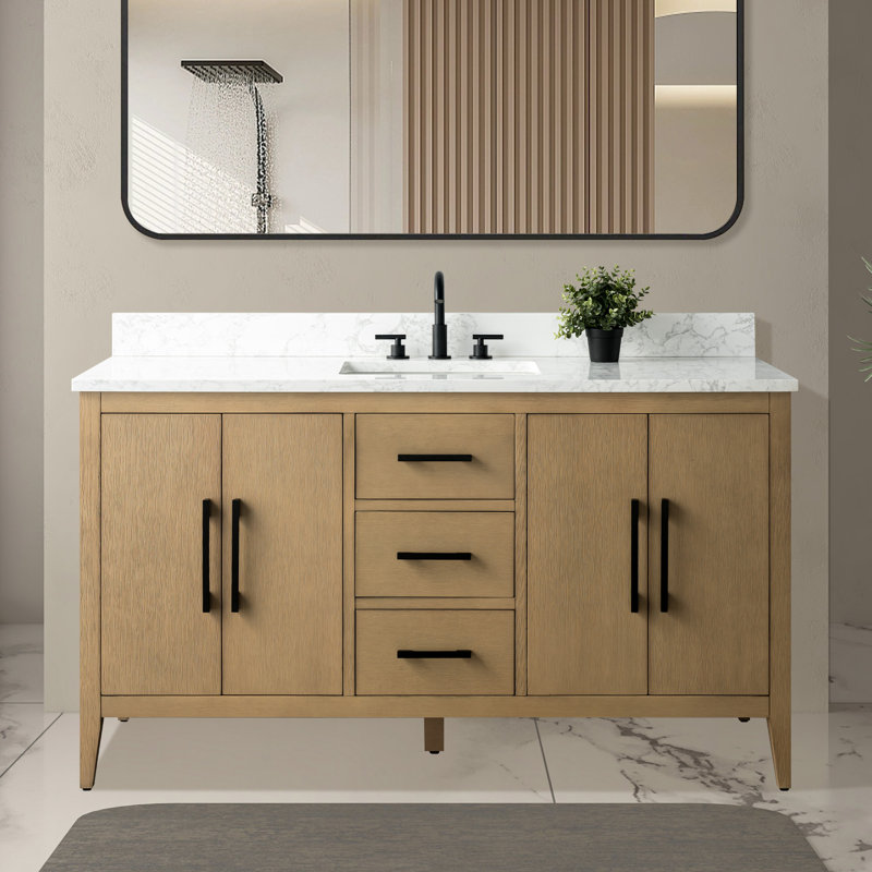 Chambery 60" Single Sink Bathroom Vanity with Engineered Marble Top, Matte Black, Natural Oak