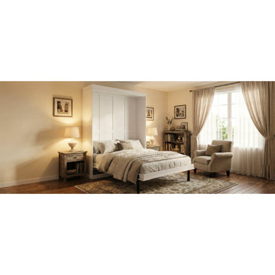 Grand lit rotatif, blanc, avec rangement caché, lit mural multifonctionnel pour petits espaces, rotation à 360 °, pièces blanches en bois et en métal, peu encombrant, look moderne, cadre