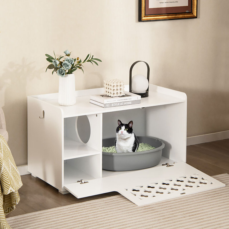 White MDF Cat Litter Box Enclosure with Removable Cushion