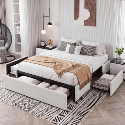 Full Size Platform Bed Frame with 3 Underbed Storage Drawers Beige | Upholstered,No Headboard,Mattress Foundation with Wooden Slat Support,No Box Spring Needed,Easy Assembly,Quiet Operation