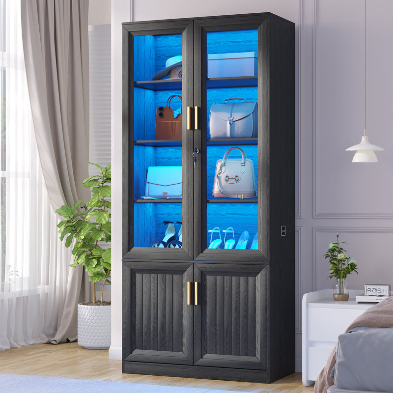 Armoire de bureau autoportante de 71 po de hauteur avec modes d'éclairage 3 couleurs et détecteur de mouvement, vitrine en verre avec tablettes réglables et serrure