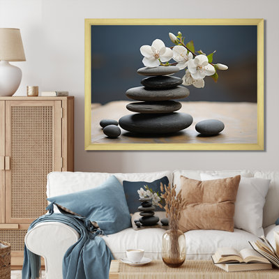 Zen Black River Stone Blooming Magnolias I - Lily Wall Art Living Room