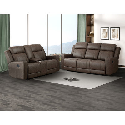 Ensemble 2 pièces: canapé inclinable et causeuse avec console, microfibre polie brune
