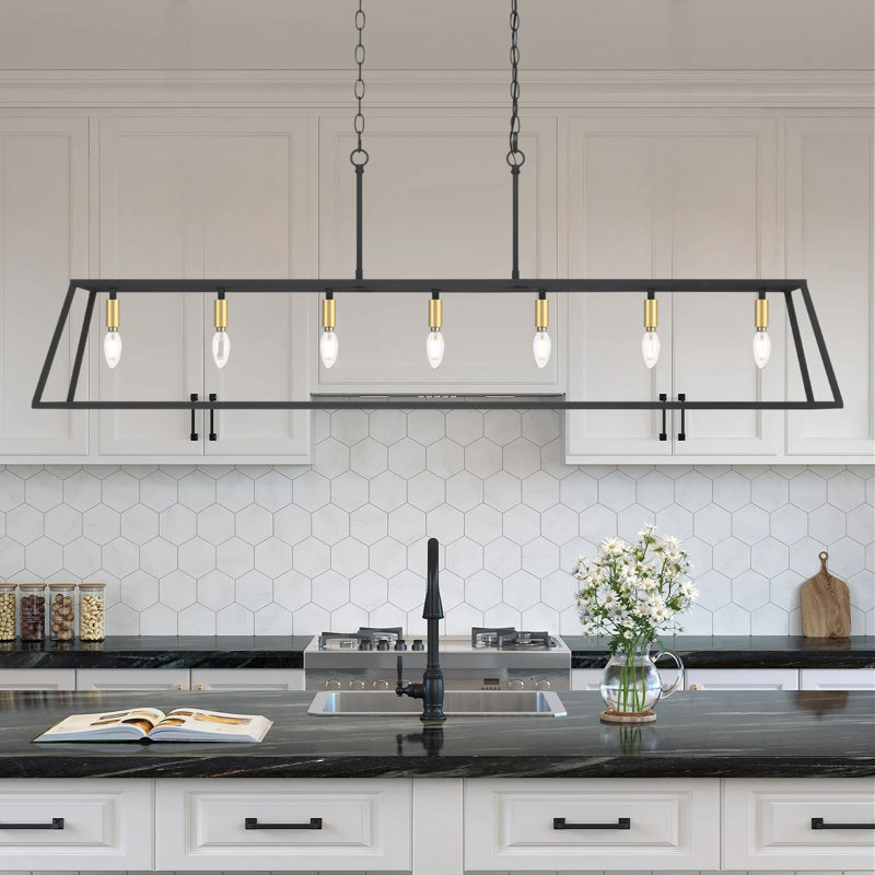 7 - Light Steel Dimmable Kitchen Island Rectangle Chandelier UL Certified, Aged Zinc/Satin Brass