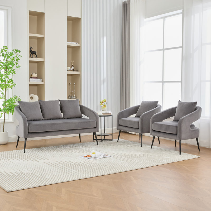 3 - Piece Upholstered Velvet Living Room Set With Metal Legs, Charcoal