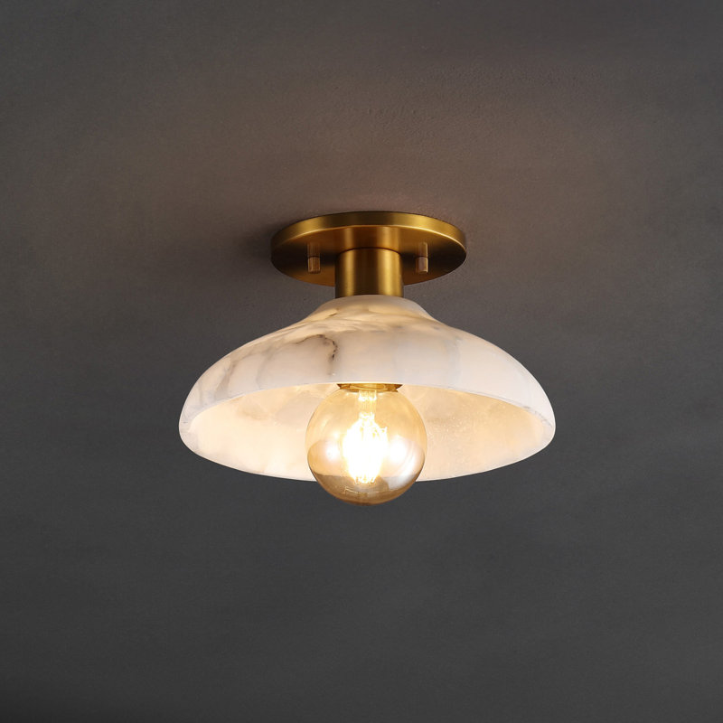 Honalee 10" 1-Light Mid-Century Classic Alabaster/Iron LED Semi Flush Mount, Gold