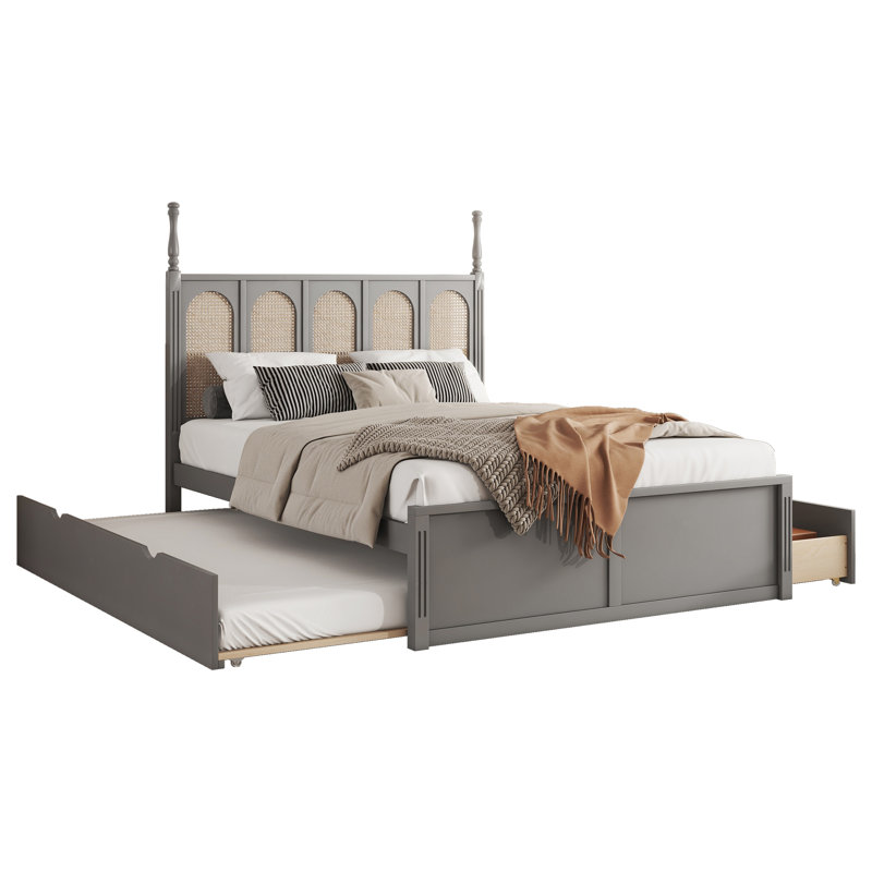 Grand lit plateforme en rotin avec 2 grands tiroirs, lit gigogne T, Gris