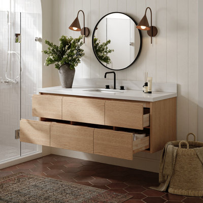  Ensemble de meuble-lavabo mural simple rectangulaire de 61 po avec comptoir en quartz blanc de 1,5 po en ensembles de meubles de bureau