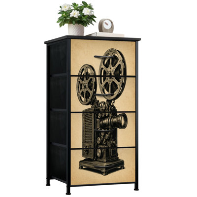 Dresser for Bedroom with 4 Storage Drawers Vintage Movie Theater Wall Art Classic Cinema Popcorn Retro Dressers Chest of Drawers Steel Framed Fabric Closet Organizers for Dorm Entryway