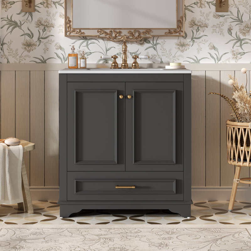 Meuble-lavabo de salle de bain en bois massif de 76 cm (30 po) avec lavabo en céramique intégrée et fini noir
