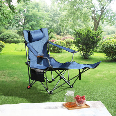 Chaise pliante / portative / inclinable réglable pour camping en plein air (ajustement à trois niveaux), poches latérales et porte-gobelet, sac de transport, bleu foncé