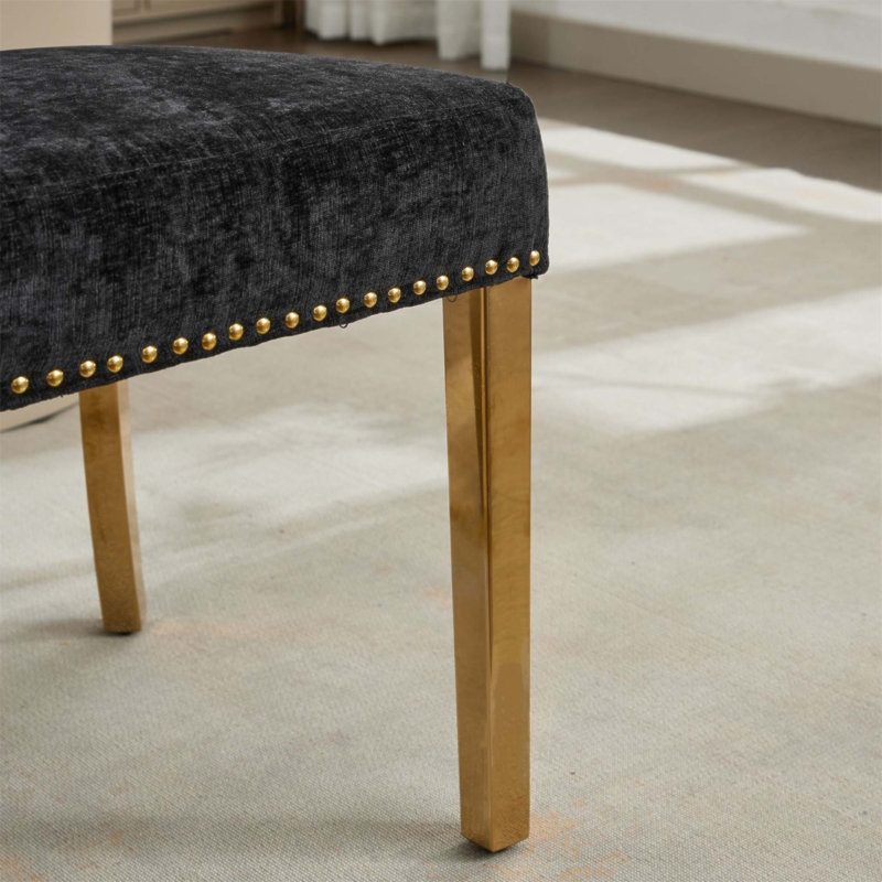 Ensemble de 2 chaises de salle à manger de style Mid-Century moderne, rembourrées en tissu chenille de ferme avec dossier incurvé et clous en cuivre, pieds en acier inoxydable doré