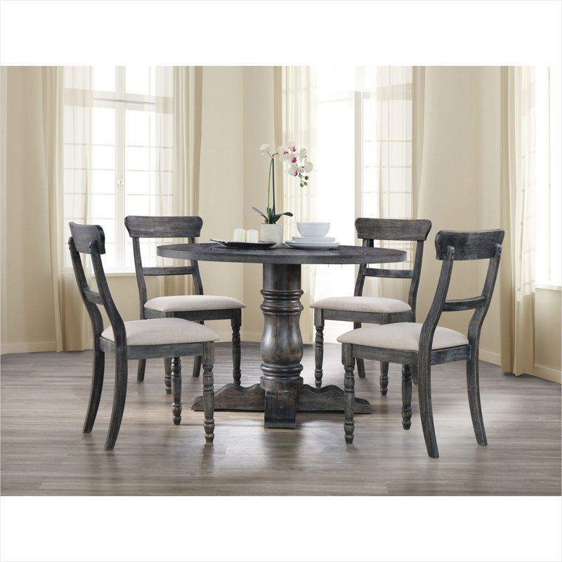 Table de salle à manger ronde avec placage en chêne gris neutre, base piédestal de 47 pouces pour cuisine ou salle à manger 4 places