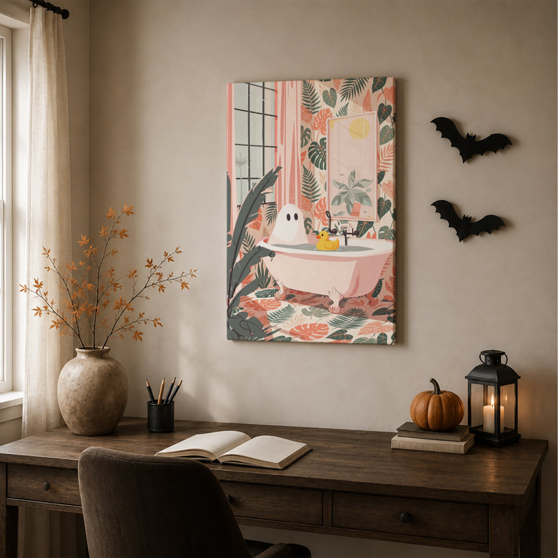 Art mural sur toile avec fantôme blanc dans une baignoire rose avec feuilles tropicales, H 48 po x l 36 po