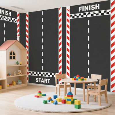 Papier peint auto-adhésif Rallyes de course sur route marquage de voiture Karting sport route Auto-adhésif amovible Papier contact mural Décoration pour le salon Chambre à coucher H 100 po x l 144 po