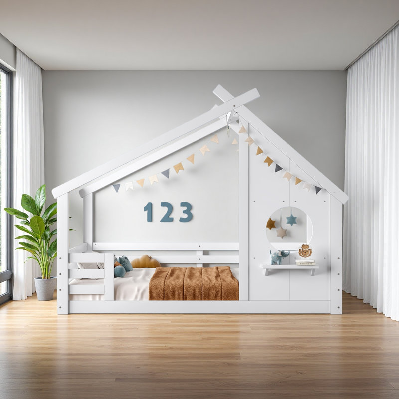 House Floor Bed With Window And A Small Shelf, Solid Wood Floor Bed With House-Shaped Roof, No Spring Box Needed, Full, White