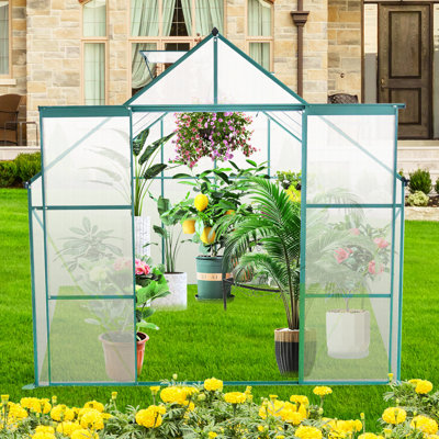 Serre en polycarbonate de 8 pi x 8 pi pour la cour extérieure, avec base galvanisée, porte coulissante en toute saison