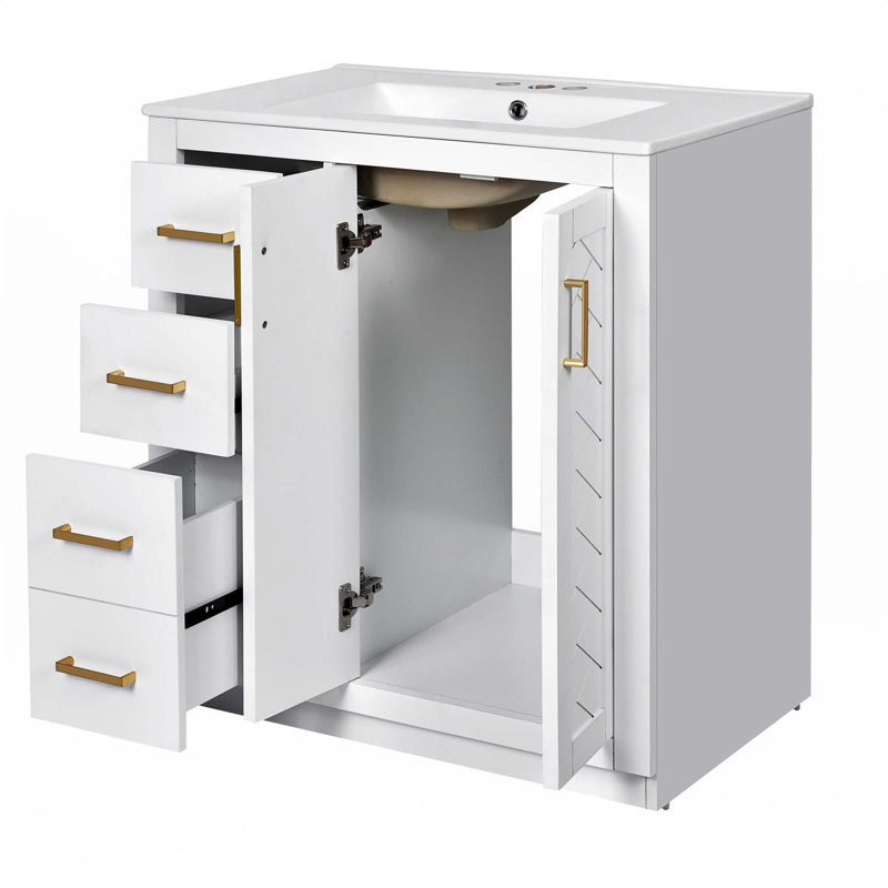 Meuble-lavabo 30 po avec lavabo en céramique, Blanc, Doré