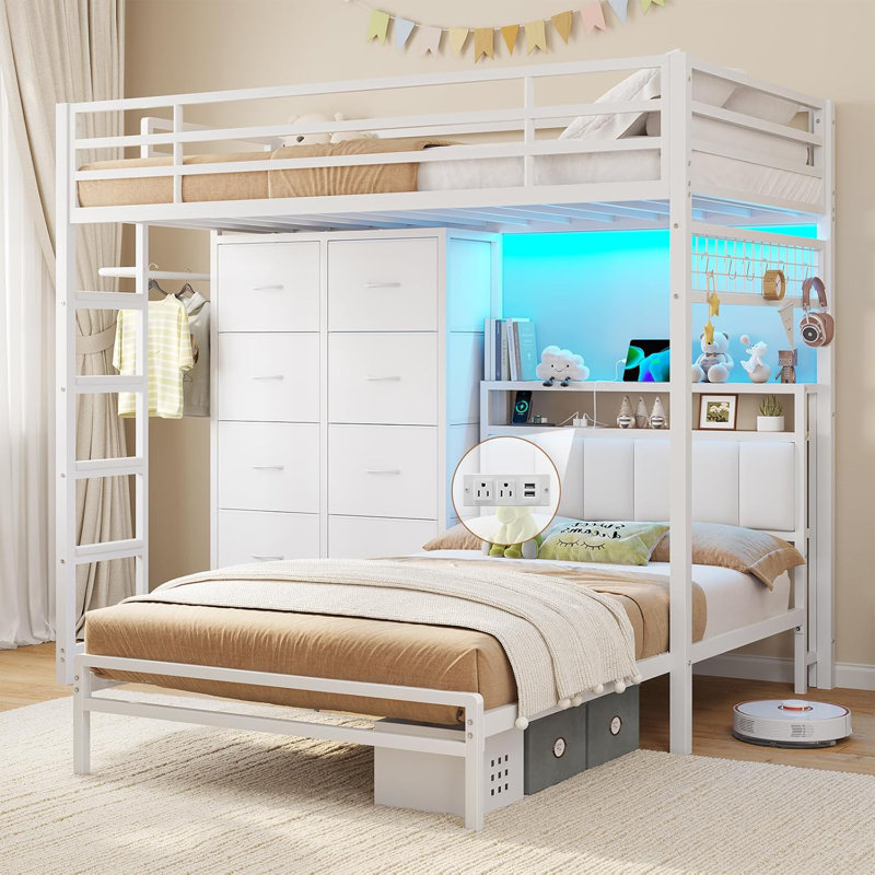Twin Over Twin Bunk Bed With Charging Station And Led Lights For Teen, L-Shaped Metal Bunk Beds With 8 Storage Drawers And Headboard, Modern Twin Loft Beds With Safety Guardrail And Ladder