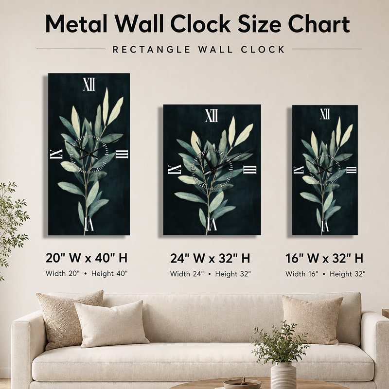 Olive Branch après la tombée de la nuit I - Horloge murale en métal noir de style Japandi, 32" H x 24" W - Rectangle