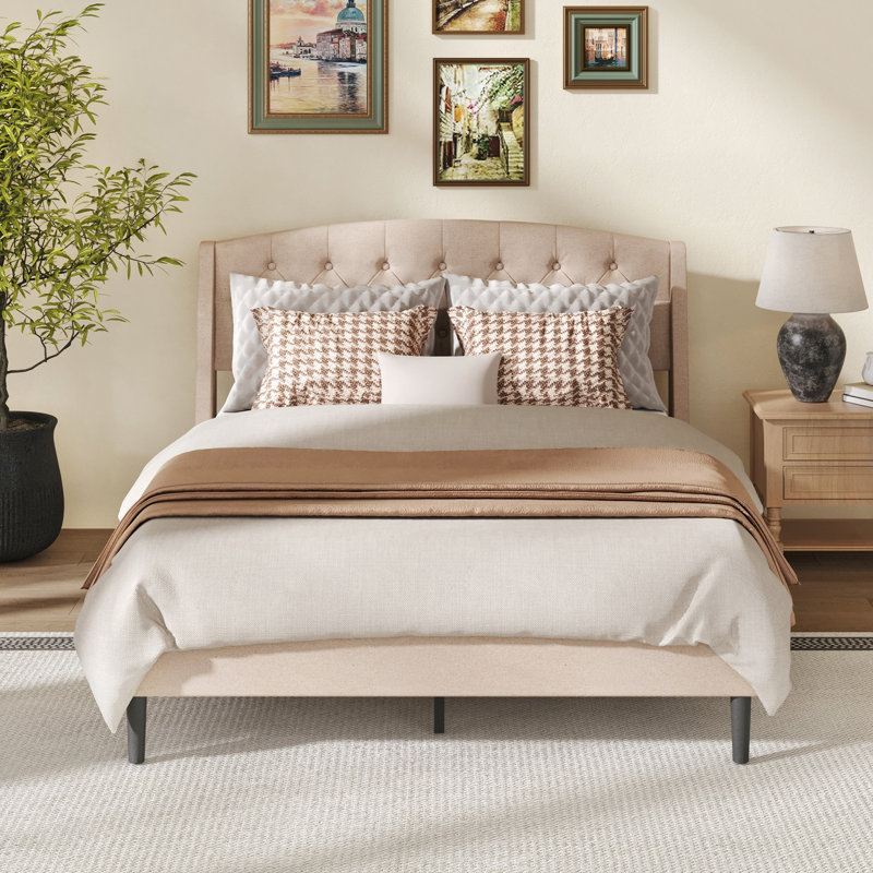 Upholstered Platform Bed With Wingback Headboard，wood & Metal Frame, Underbed Storage, Queen, Beige