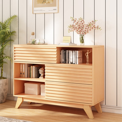 Meuble télé cannelé 50 po, centre de divertissement en bois avec portes coulissantes pour le salon