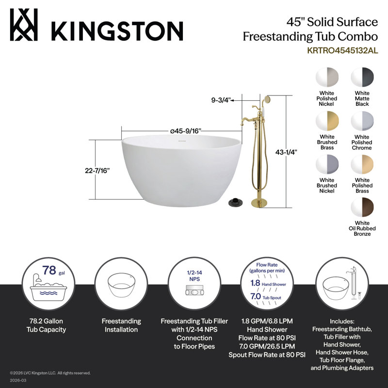 Kingston Arcticstone 45-Inch Solid Surface Round Double Ended Freestanding Tub With Faucet Combo And Drain, Brushed Brass