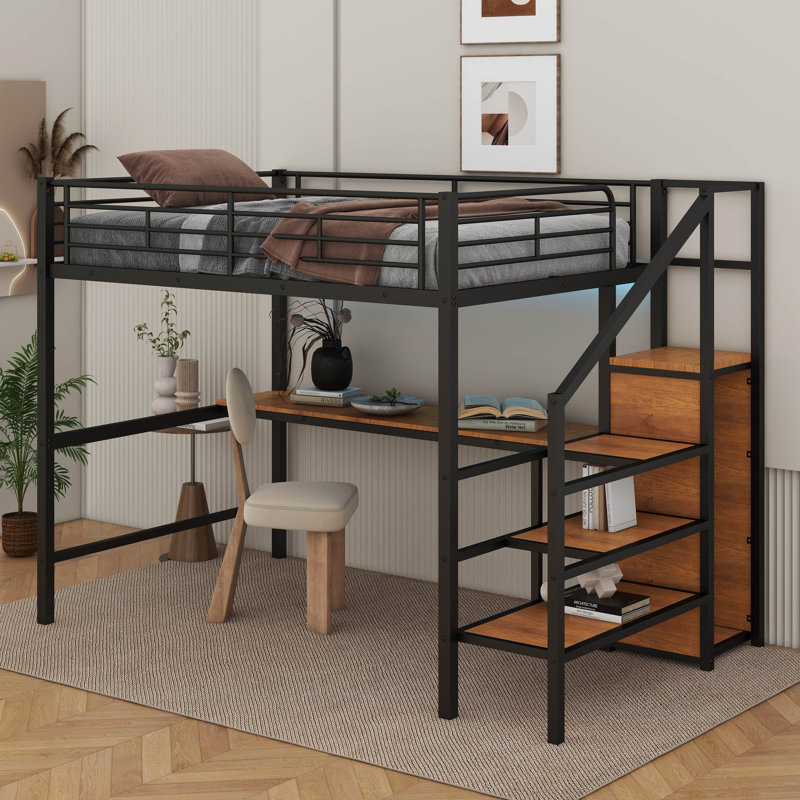 Lit mezzanine double en métal avec bureau, escalier de rangement, petite armoire et lumière DEL, Noir