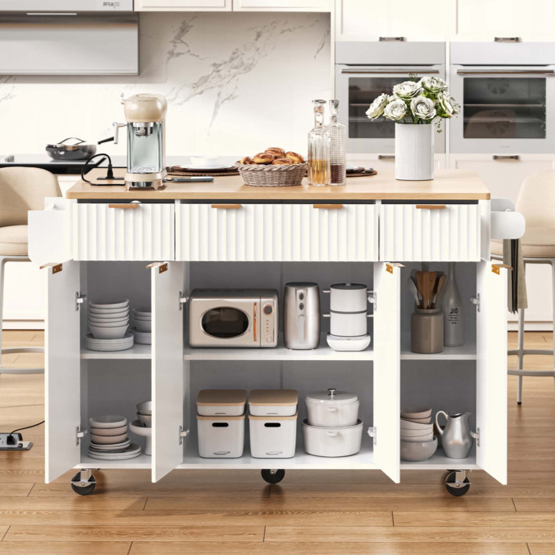 Fluted Kitchen Island With Storage，Kichen Island With Drop Leaf, Power Outlet,4 Doors And 3 Drawers, Rolling Island Table With Top, Curved Edge For Kitchen,Dining Room