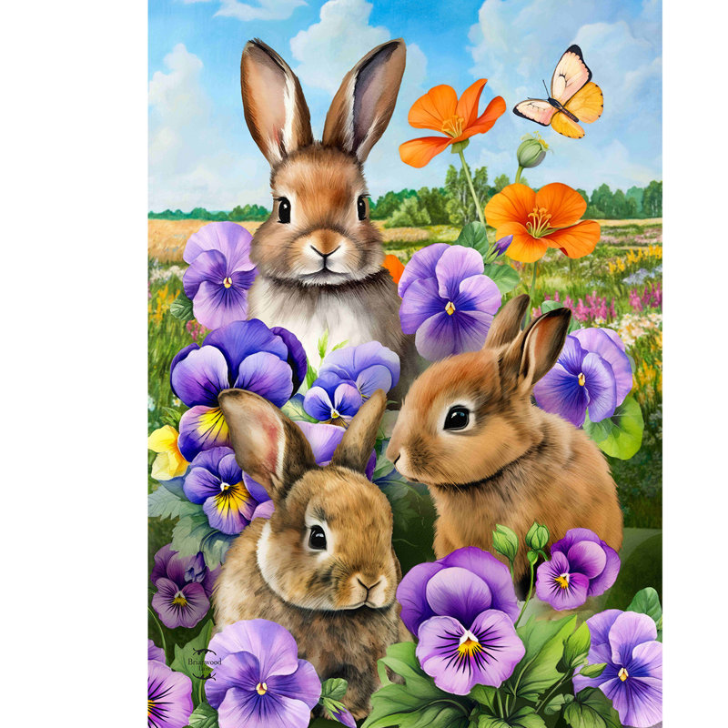 Drapeau de jardin Spring Bunny Trio, Lapin brun/violet