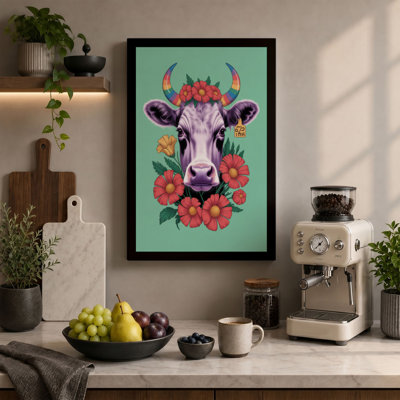 Crowned Cow Boho 1 Piece Wrapped Canvas Wall Art