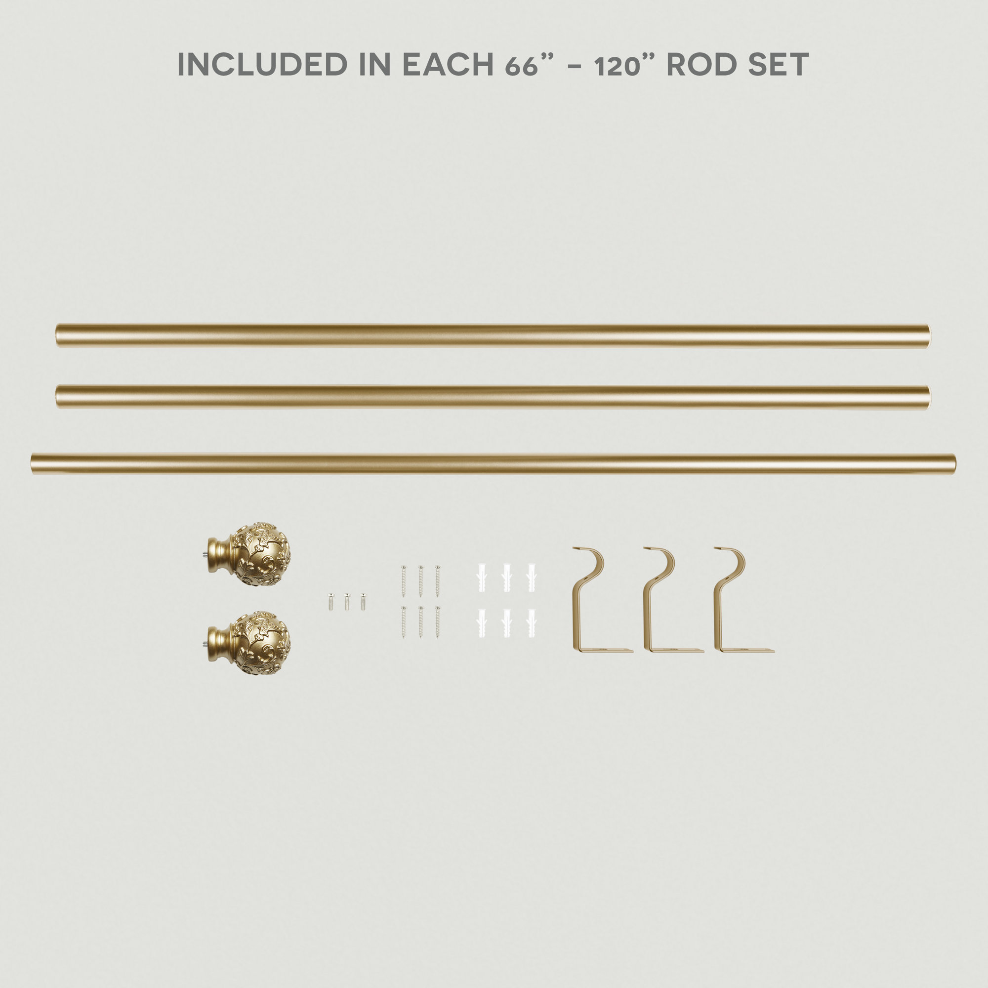Jewett Exclusive Home Vine 1" Curtain Rod and Coordinating Finial Set, Adjustable, Gold, 66" - 120"